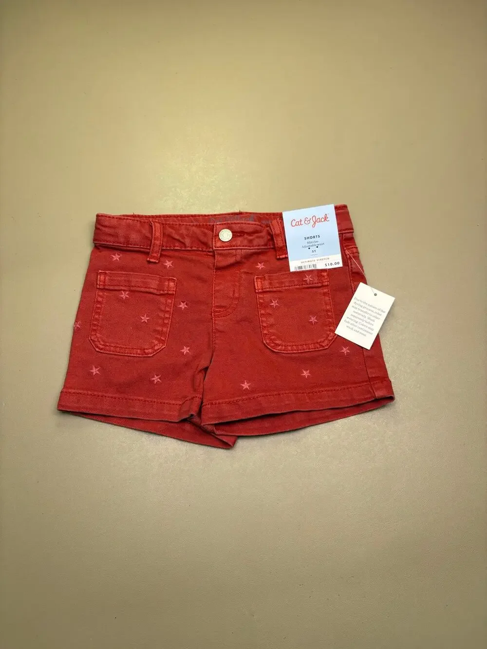 NWT Cat & Jack Girls 5T Red Star Print Mid Rise Stretch Denim Shorts Adjustable